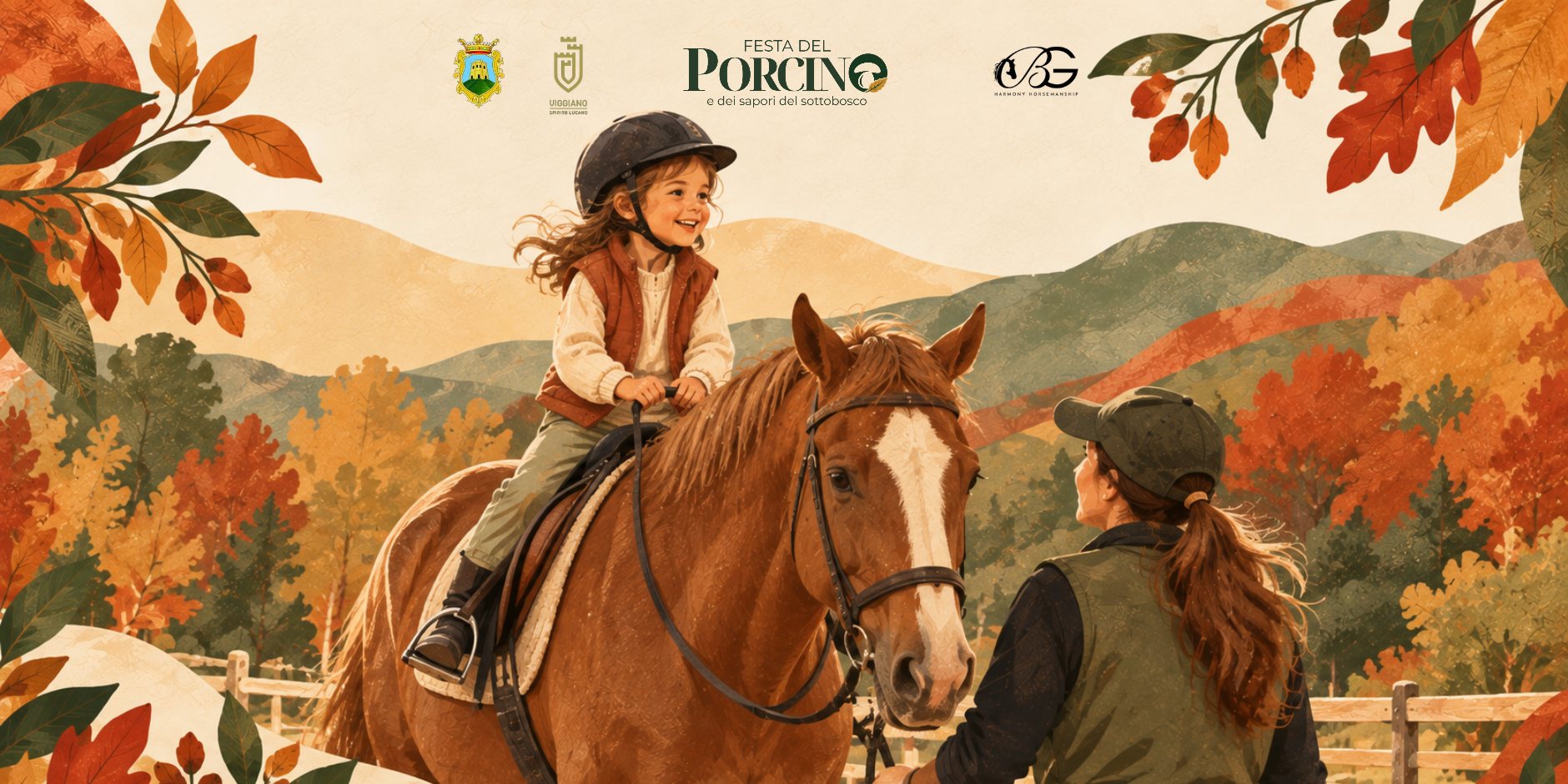 Illustrazione di una bambina sorridente in sella a un cavallo, accompagnata da un'istruttrice, tra colline e alberi autunnali