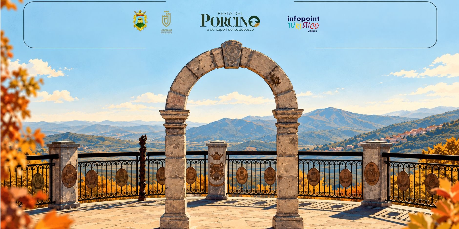Illustrazione di un arco in pietra su una terrazza panoramica con ringhiera e stemmi, affacciata sulle colline della Val d'Agri